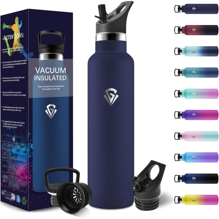 Термос-пляшка 1000 мл, не містить BPA, з нержавіючої сталі, з подвійними стінками, ізольована, для води, з трубочкою, для газованих напоїв, темно-синій