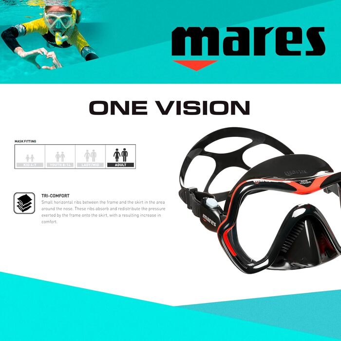 Дайвінг-маска Mares One Vision з панорамним оглядом, червоно-чорна, для дорослих