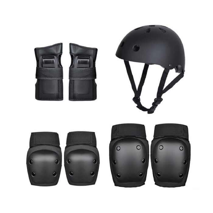 Комплект захисту SANON для дорослих (7 предметів): шолом, наколінники, налокітники, захист зап'ясть для велосипеда, ролика, скейтборду, чорний, розмір M (41-60 кг)