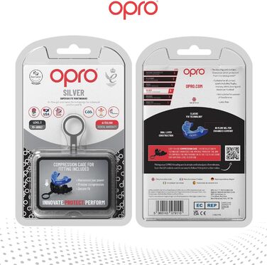 Захист для рота OPRO Silver Level для дорослих та дітей, з чохлом. Підходить для хокею, лакросу, регбі, MMA, боксу та BJJ UFC. Білий/Срібний