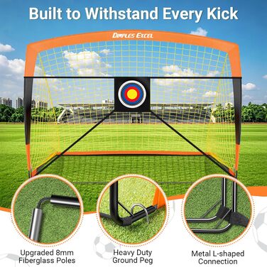Ворота для футболу Dimples Excel Pop-Up – розкладні для дітей | 1 або 2 шт. в розмірах 120x90 / 152x110 / 213x152 см | 3 кольори на вибір | Опційно з м'ячем, насосом, конусами та мішенню | Для саду та подарунка (2-213x152 помаранчевий+аксесуари)