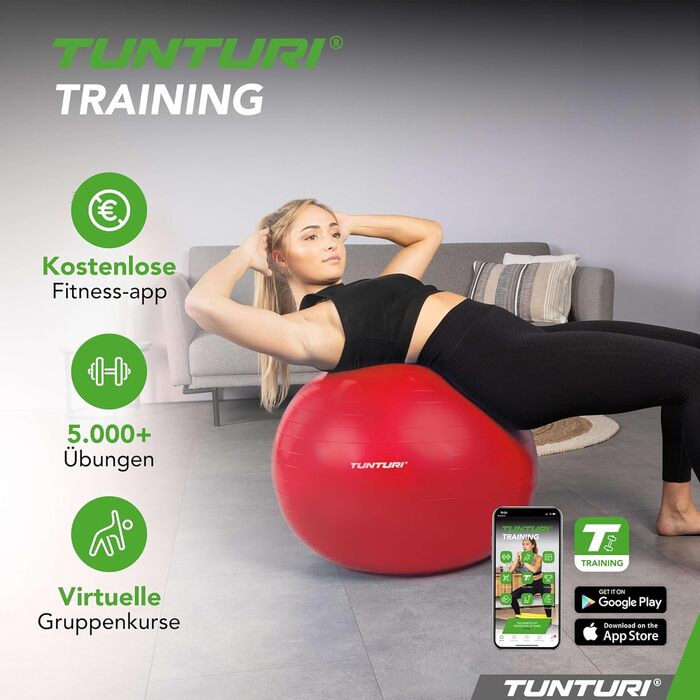 Фітнес-м'яч Tunturi Anti-Burst з насосом, 65 см - для йоги, пілатесу, вагітності, 220 кг, з тренувальним додатком, червоний