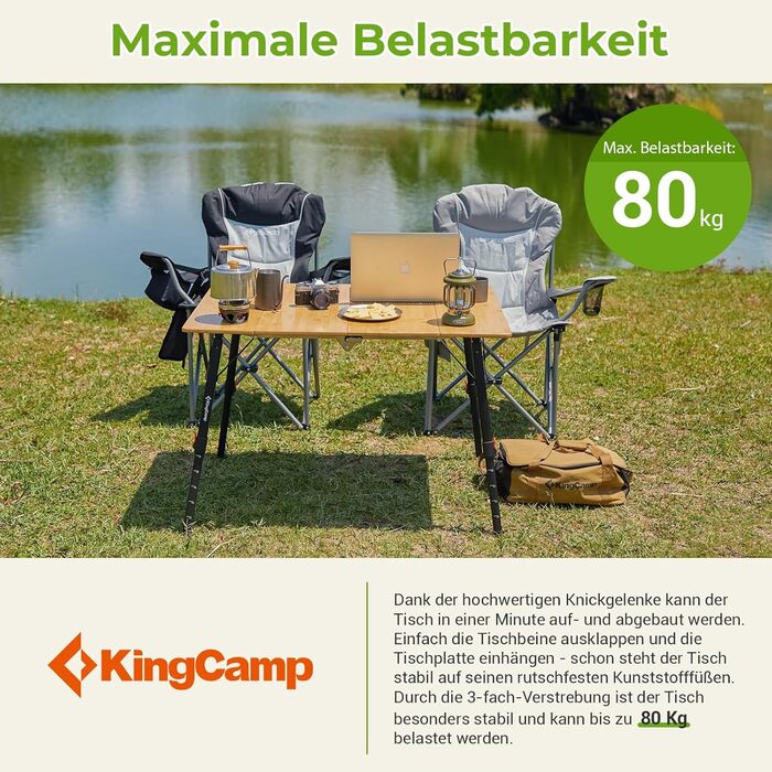 Складний стіл KingCamp з бамбука з UV-захистом, регульована висота, для кемпінгу, саду, грилю, пікніка, офісу (100x72 см/120x70 см), 3 рівня висоти - 100x65 см (безступеневе регулювання - 80x60 см)