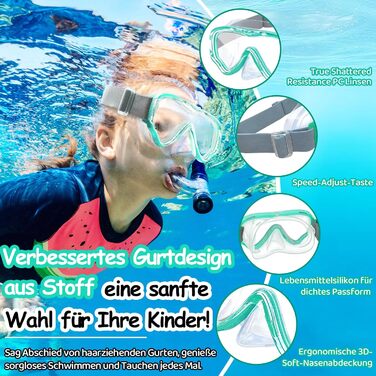 Дитячі маски для снорклінгу Vvinca з тканинним ремінцем, 180° панорама, анти-протікання, для дітей 3-13 років, зелені
