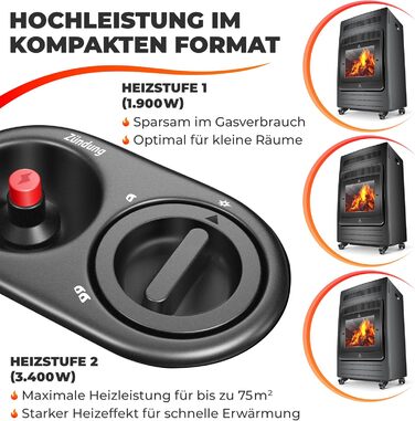 Газовий обігрівач KESSER®: газовий камін-піч, інфрачервоний нагрівач 3,4 кВт, 2 режими, з газовим редуктором та шлангом, для бутану/пропану до 11 кг, антрацит