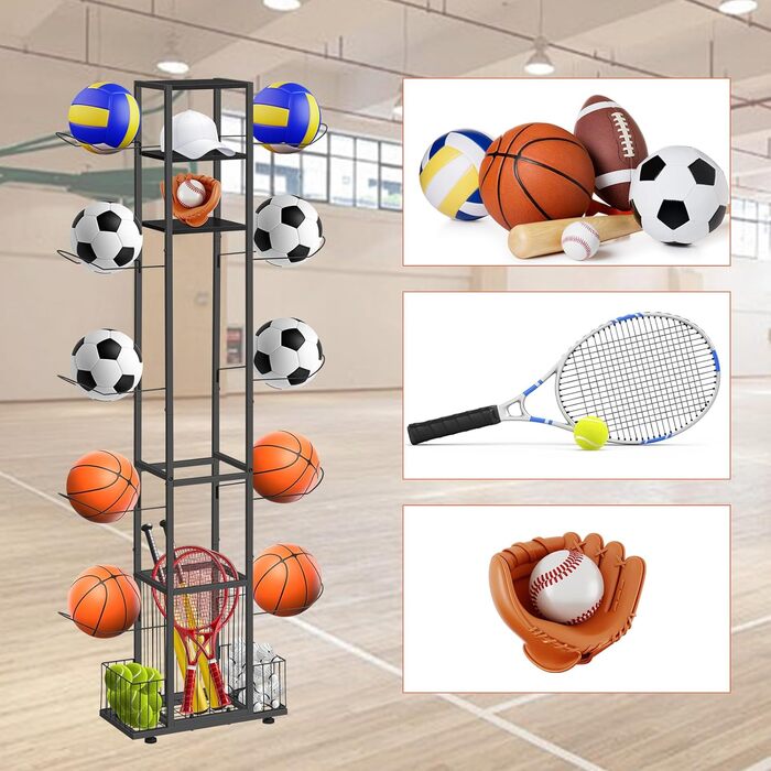Стійка для зберігання баскетбольних м'ячів CADUKE, органайзер для спортивного інвентарю (футбол, волейбол, бадмінтон), чорний