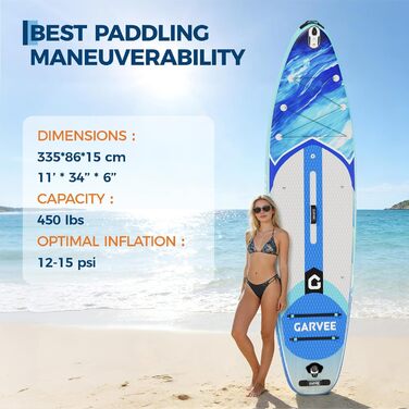 SUP Board Garvee надувний, блакитний 335x85.9x15 см - Комплект для дорослих та підлітків: весло, насос, рюкзак, EVA-дека
