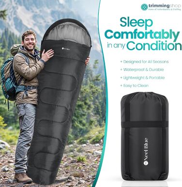 Спальний мішок Mumienschlafsack для дорослих - легкий, компактний, водонепроникний з капюшоном, 220x85 см. Підходить для кемпінгу, походів та подорожей (Чорний)