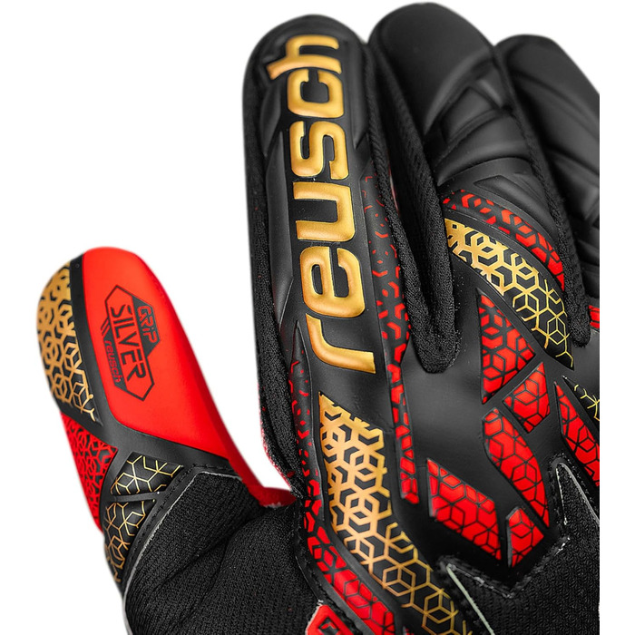 Воротарські рукавички Reusch Attrakt Silver: дихаючі, для чоловіків та жінок, підходять для будь-яких погодних умов та типів покриття поля (чорно-золото-червоні, 8.5)