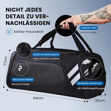 Спортивна сумка для чоловіків та жінок, 58L, велика дорожня сумка з відділенням для взуття та мокрих речей, сумка для тренувань, сауни, фітнесу, спортзал, подорожі