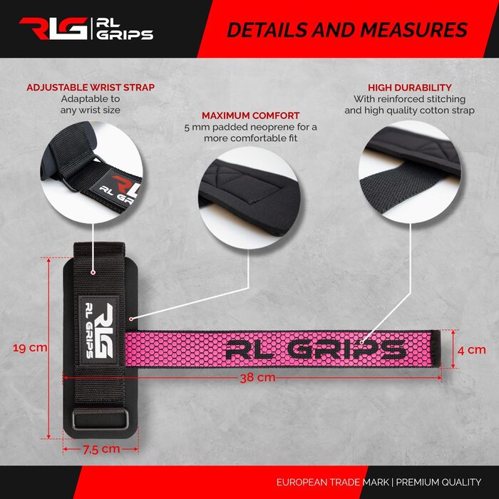 Лямки для тяги RL Grips для важкої атлетики та пауерліфтингу з захистом зап'ясть, допоміжні ручки для станової тяги та бодібілдингу (Рожеві)