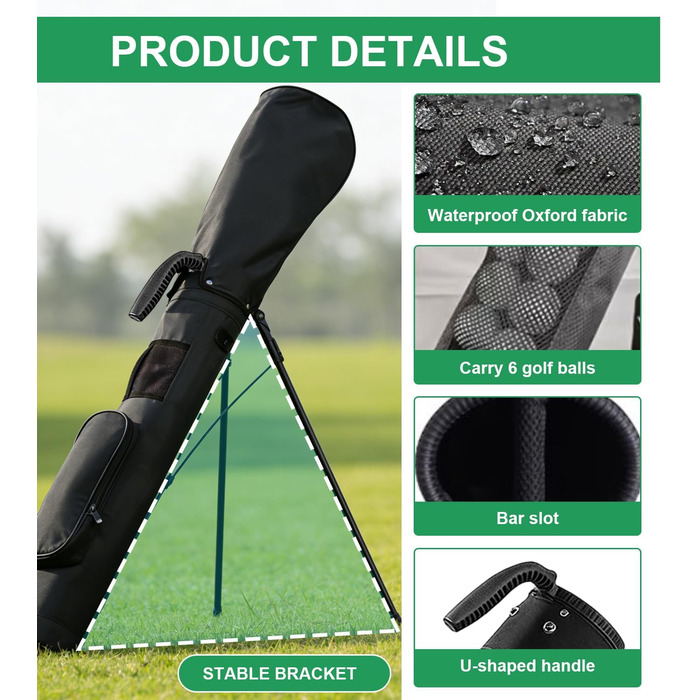 Сумка для гольфу на штативі, чорна. З регульованими ременями, двома кишенями. Легка, для чоловіків та жінок, для тренувань, коротких полів та курсів.