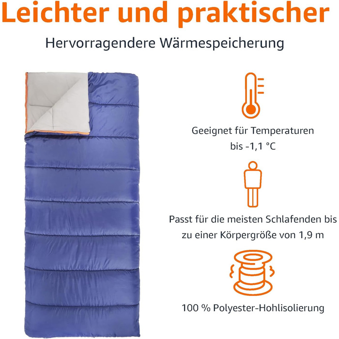 Спальний мішок Amazon Basics 4 сезони, для холодної та теплої погоди, для кемпінгу та піших прогулянок, прямокутний, блакитний