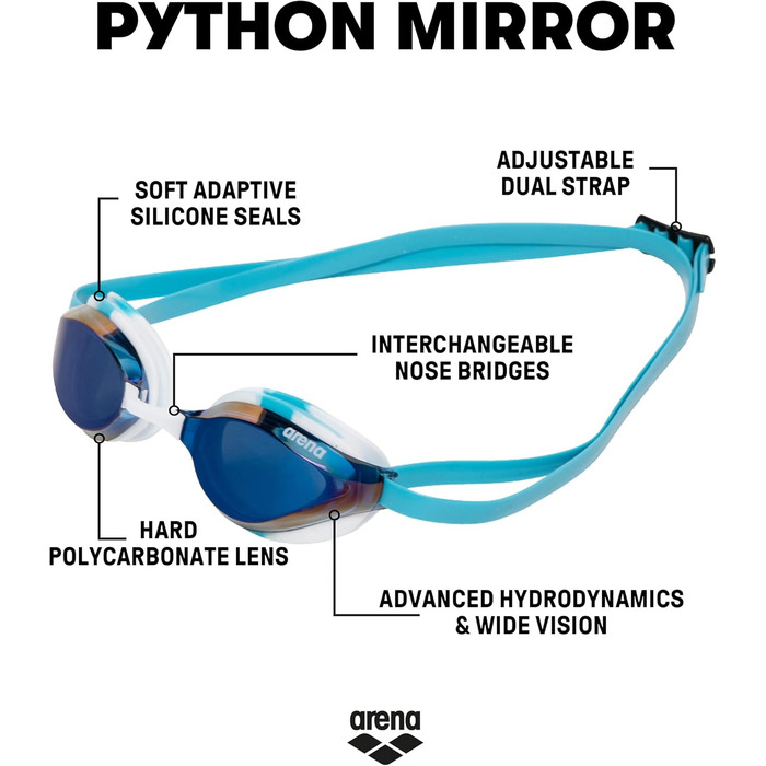 Окуляри для плавання arena Python Racing для чоловіків і жінок, дзеркальні, з подвійним ремінцем, UV-захист, антифог, синє дзеркало/білий корпус