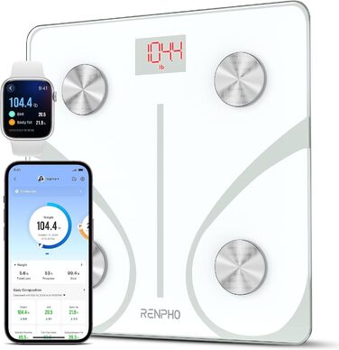 Вага RENPHO з Bluetooth для аналізу складу тіла: жир, BMI, м'язи, білок, BMR. Цифрова вага з додатком для моніторингу здоров'я. Біла, 280 мм