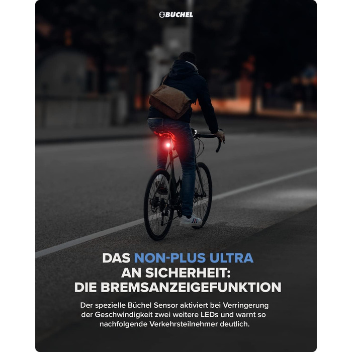 Задній ліхтар для велосипеда Büchel LED, акумуляторний, сертифікований StVZO, з функцією покажчика гальмування