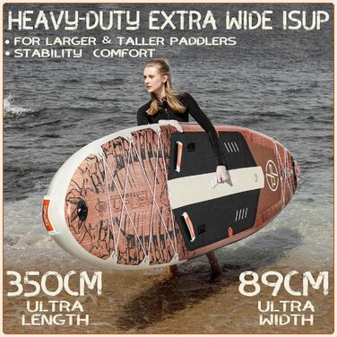 Надувний SUP Борд UPWELL Premium Stand Up Paddling Board з комплектом: сидіння, кріплення для камери, весло та аксесуари. Макс. вага 204 кг (2 особи), розмір 350x89x15 см, Jurassic