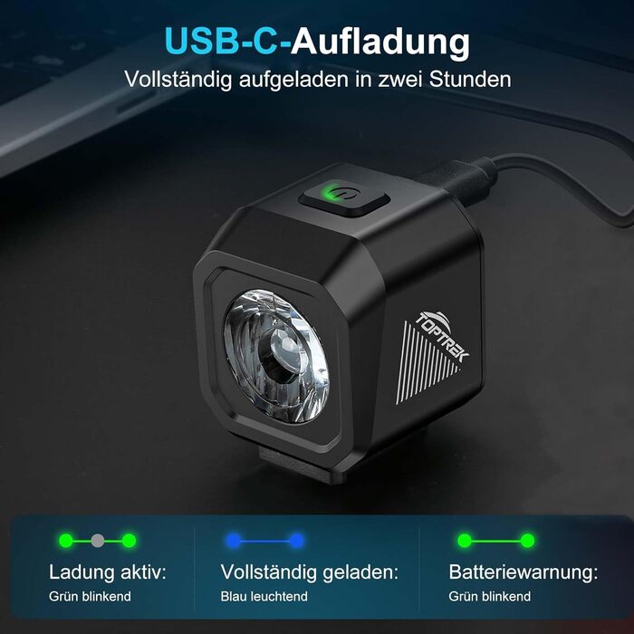 Фронтліхтар для велосипеда Toptrek з акумулятором 5-8 годин, StVZO, USB-C зарядка, індикатор заряду, IPX5 водостійкий, для шосе, електровелосипеда, MTB, Citybike