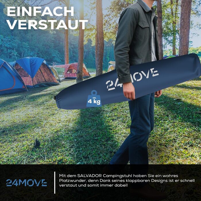 Крісло для кемпінгу 24MOVE® складне, до 150 кг, з підлокітниками, кишенею для напоїв та сумкою, блакитне
