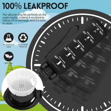 Фляга для води HoneyHolly 1л з фільтром, з маркуванням часу, для спорту, велосипеда, йоги, активного відпочинку (1л, чорний & червоний)