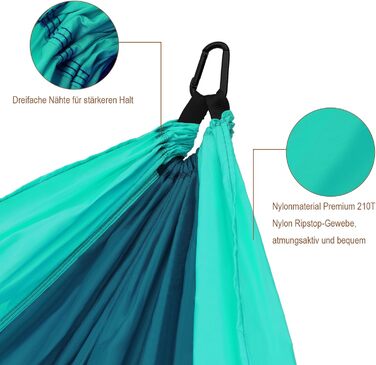 Гамак для кемпінгу на 2 особи, 270x140 см, Bragbare, 300 кг, з сумкою, для саду, балкону, відпочинку, Pfauenblau/Pfauengrün