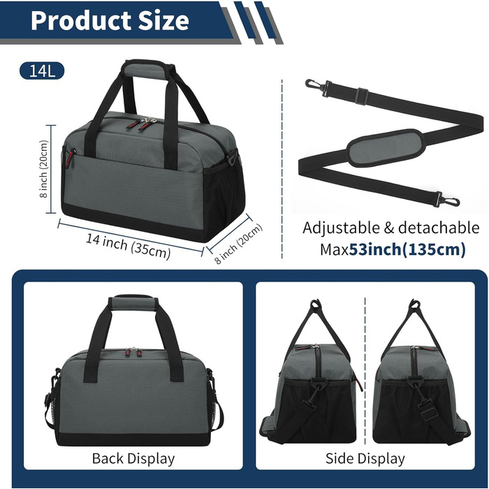 Спортивна сумка маленька з відділенням для мокрого - 35x20x20 см, ручна поклажа, міні-дупель-сумка з кількома відділеннями для спорту, відпочинку, коротких подорожей (темно-сірий)