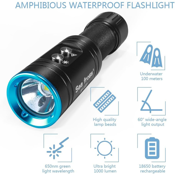 Ліхтар для дайвінгу Sea Frogs SF-L03-KL: водонепроникний, перезаряджуваний, глибина до 100 метрів