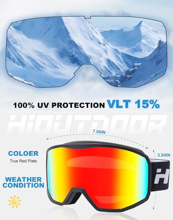 Скі-маска Hioutdoor для сноуборду та гірськолижного спорту: захист 100% від UV, антитуманне покриття, сумісна з шоломом, подвійна лінза, вітрозахист, комфортна підкладка, чорне обрамлення, червона лінза (VLT 15%)