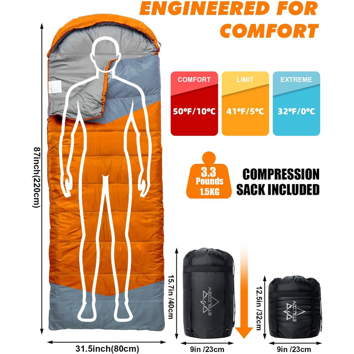 Спальні мішки для дорослих та дітей – для холодної та теплої погоди. Водонепроникний, легкий спальний мішок для кемпінгу, походів та трекінгу (з компресійним мішком). Підходить для 3-4 сезонів, 10-20°C, 1.5KG – Чорний та Оранжевий