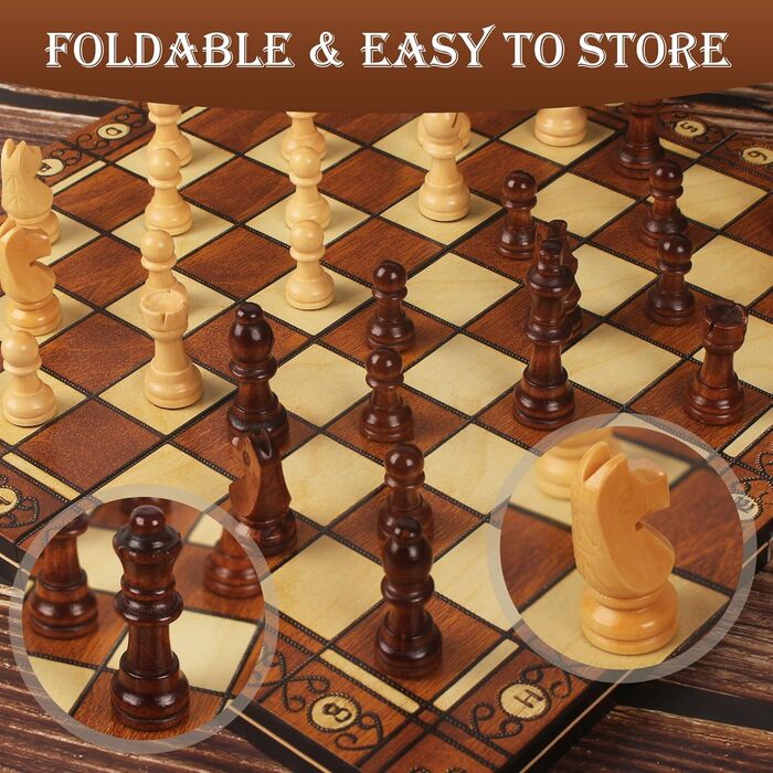 Набір для гри в шахи 3-в-1, дерев'яний, магнітний, 34 x 34 см. Шахи для дітей, для ігор, сімейних вечірок