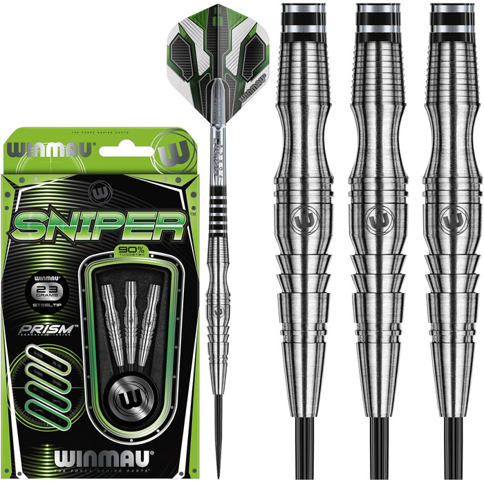Дротики Winmau Sniper Profi з вольфраму для дартсу, сталевий наконечник, 23 г, комплект з оперенням та стрижнями
