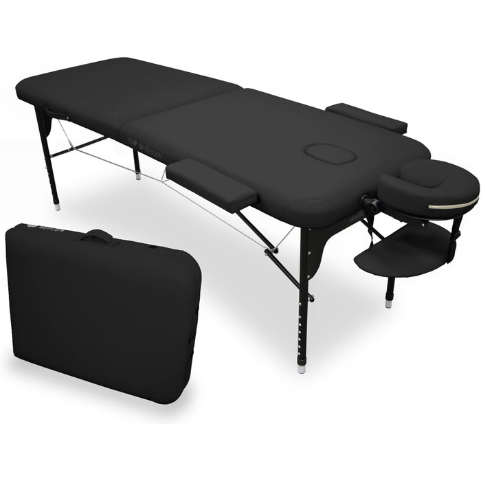 Розкладне масажне ліжко WELLCORE з алюмінію, 185x65 см, штучна шкіра, регульована висота, отвір для обличчя, підлокітники, чорне, до 225 кг, з рюкзаком для транспортування