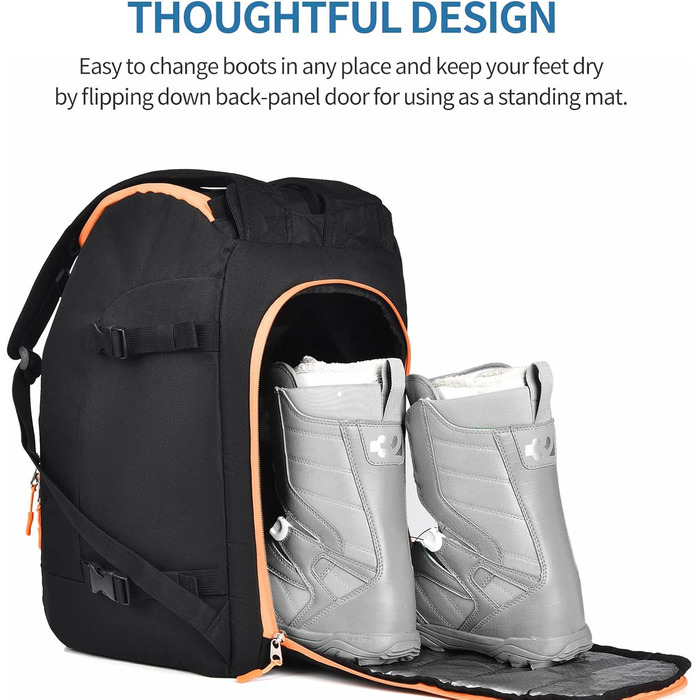 Чохол для лиж чорного кольору, терморюкзак, 50 л, водонепроникний. Підходить для сноуборду, лижного спорядження, шолому, маски, рукавичок, аксесуарів. Для підлітків та чоловіків. Оранжево-чорний колір.