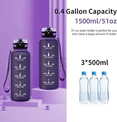 Спортивна пляшка для води Grsta 1,5 л, без BPA, з фільтром і мітками часу, герметична, підходить для газованих напоїв, для спортзалу, школи, офісу та на вулицю, темно-фіолетова