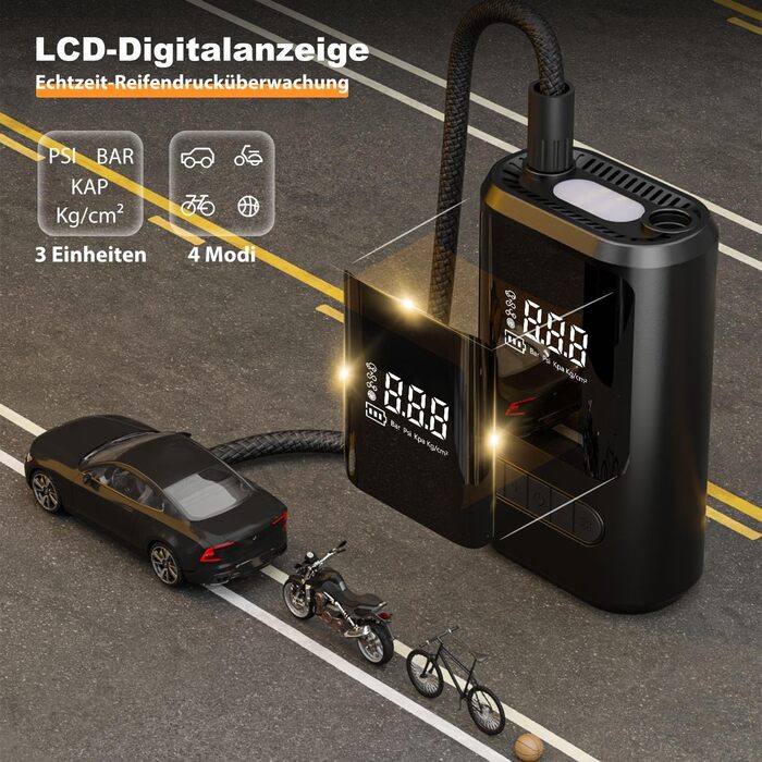 Портативний електричний насос ZORUMAN 6000mAh, 150PSI з цифровим дисплеєм та ліхтариком для авто, мотоциклів, велосипедів і м'ячів