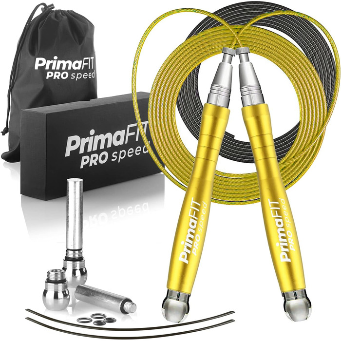 Скакалка PrimaFIT для дорослих: професійна, з регулюванням, з вагою, 3м, 2 підшипники, антиковзні ручки, для боксу, MMA, кросфіту, сталеве тросик, сумка (золота)