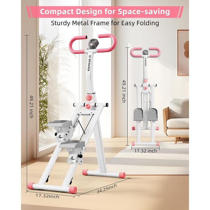 Вертикальний тренажер для кардіо, сходи для дому, вертикальний альпініст з ручкою для тренувань всього тіла, 3 регульовані висоти, LCD-дисплей, компактний та складаний, рожевий