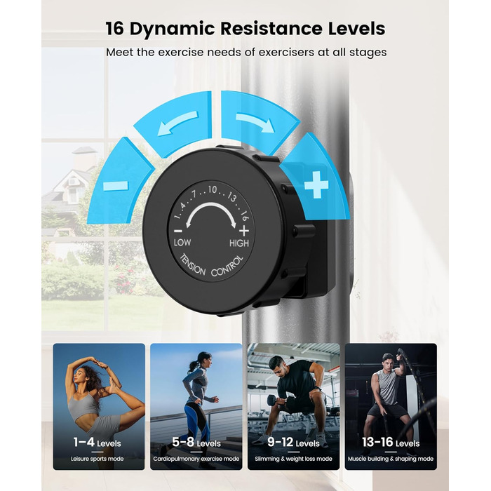 Крос-тренажер THERUN, ультратихий еліптичний тренажер для дому, 6 кг маховик, 16 рівнів опору, датчик пульсу, LCD-монітор, тримач для пляшки, блакитний