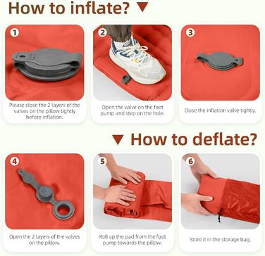 Надувний килимок для кемпінгу з інтегрованим насосом та подушкою, 12.7 см, компактний, для подорожей, туризму та відпочинку на природі (Оранжево-Чорний)