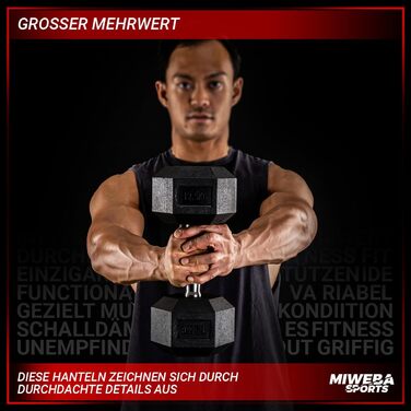 Гантелі шестигранні Miweba Sports HGH100, 2,5-30 кг, пара, гантельний набір, гантелі з литого чавуну, ергономічна ручка, вага 5 кг, професійні короткі гантелі