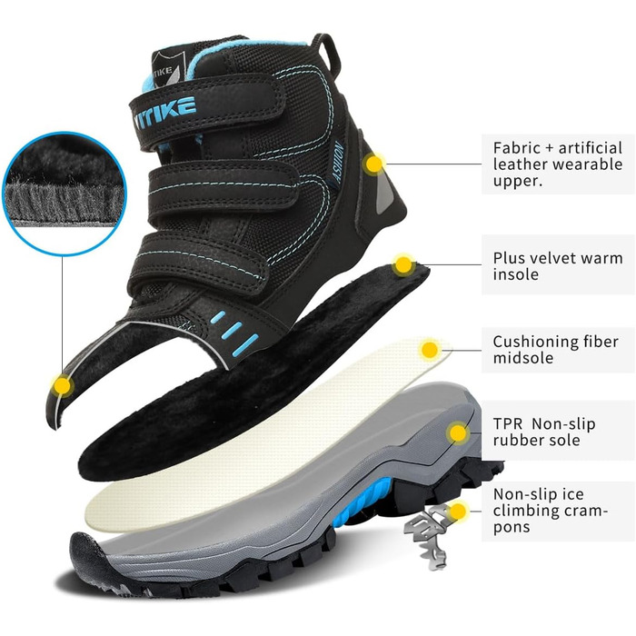 Дитячі зимові черевики ASHION: утеплені, для ходьби та трекінгу, розмір 39 EU, чорний колір