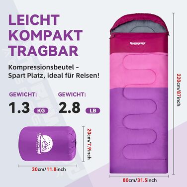 Спальні мішки для дорослих та дітей – ультралегкі, компактні, 3-сезонні спальні мішки для кемпінгу (фіолетовий), 1,3 кг