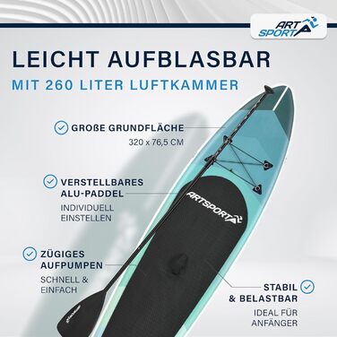 Набір для SUP-бордингу ArtSport Stand Up Paddle Board надувний 320 см, до 150 кг: з поводком, насосом, веслом, сумкою та аксесуарами - блакитно-смугастий