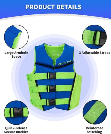 Owntop Світлова жилетка для дітей та підлітків, регульована, з трьохточковим ременем безпеки, легка, для каякінгу, плавання, риболовлі та снорклінгу (Блакитна, M)