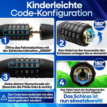 NEXTCOVER® Замки для велосипедів LockPro з кодовим замком - Оригінал - [SAFESECURE] Високий рівень безпеки | 5-значний код, сталевий замок для велосипеда | Замок для електровелосипеда, ланцюговий замок (Зелений)