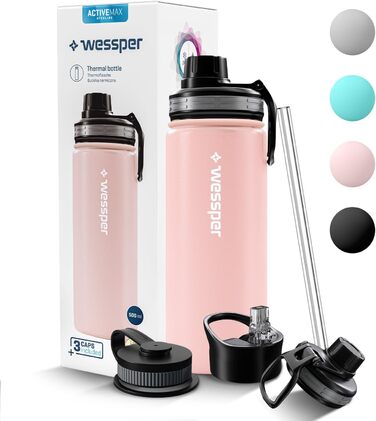 Термобутилка Wessper 500 мл з нержавіючої сталі, герметична, BPA-Free, 3 кришки, рожева, для спорту, дітей і дорослих, кемпінгу, велосипеда, outdoor