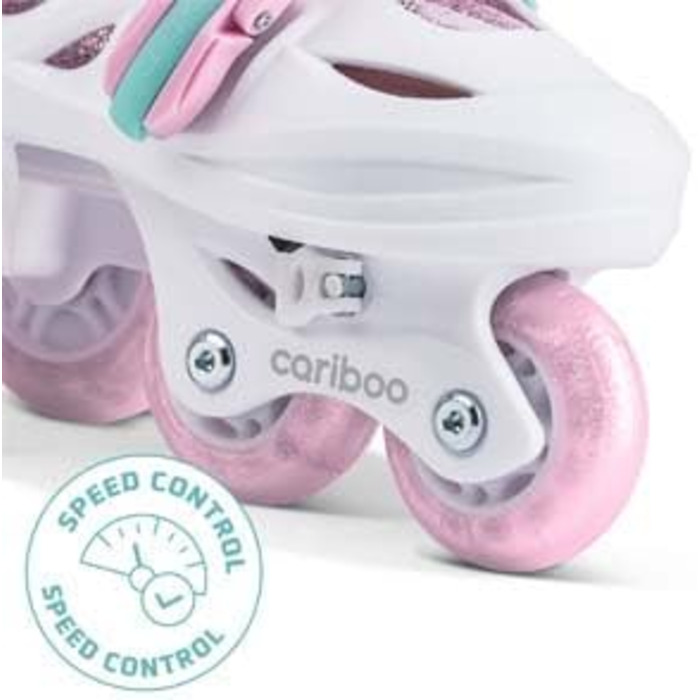 Роликові ковзани Cariboo для дітей, інлайнери для початківців, регульовані, 2 розміри, з навчальними колесами, рожеві, балетки (XS (26-30), рожево-м'ятні)