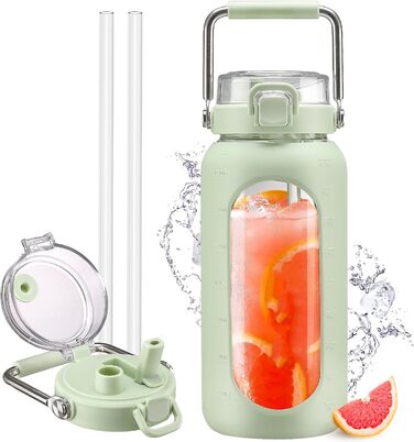 Мотиваційна пляшка для води HYDRAGLAZIC 1900 мл з трубочкою, нержавіючою ручкою, силіконовим чохлом, тайм-маркерами, скляна, світло-зелена