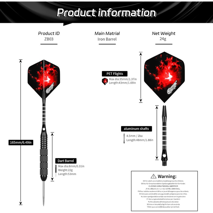 Професійні сталеві дротики CyeeLife з металевими наконечниками (12 шт.) + 24 пір'я + точилка, 22 г (Чорні)