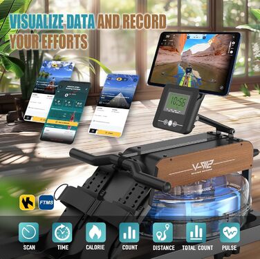 Гребний тренажер VOWVIT для дому, водяний, з Bluetooth монітором, складаний, з регульованим тримачем для планшета, до 160 кг, чорний